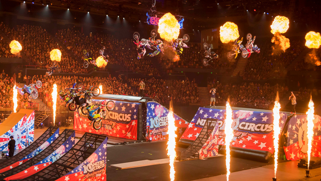 Nitro Circus Live Performance, Motorcycles Flying through the Air